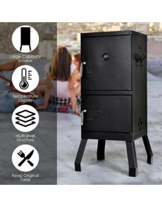 Gymax Vertical Charcoal Smoker BBQ Barbecue Grill w/ Temperature Gauge Outdoor Black
