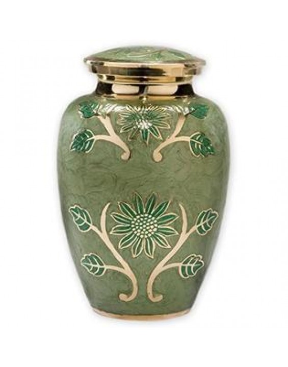 Beautiful Life Urns Green Garden  Cremation Urn - Exquisite Brass Funeral Urn Etched with Gold Flowers (Large)