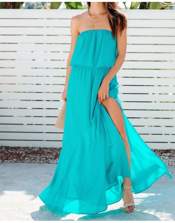 Vivid Strapless Slit Maxi Dress - Turquoise