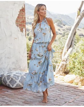 Floral Horizon Smocked Maxi Dress - Blue