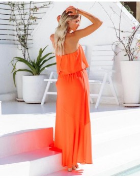Vivid Strapless Slit Maxi Dress - Bright Orange