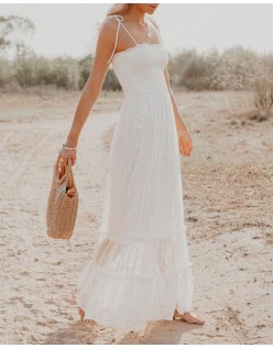 Ceremony Smocked Embroidered Lace Maxi Dress