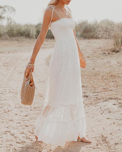 Ceremony Smocked Embroidered Lace Maxi Dress